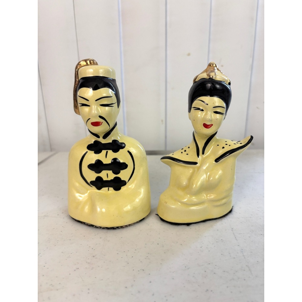 Vintage 1950s Asian Man Woman Ceramic Figurines Pair Yellow Black Gold MCM
